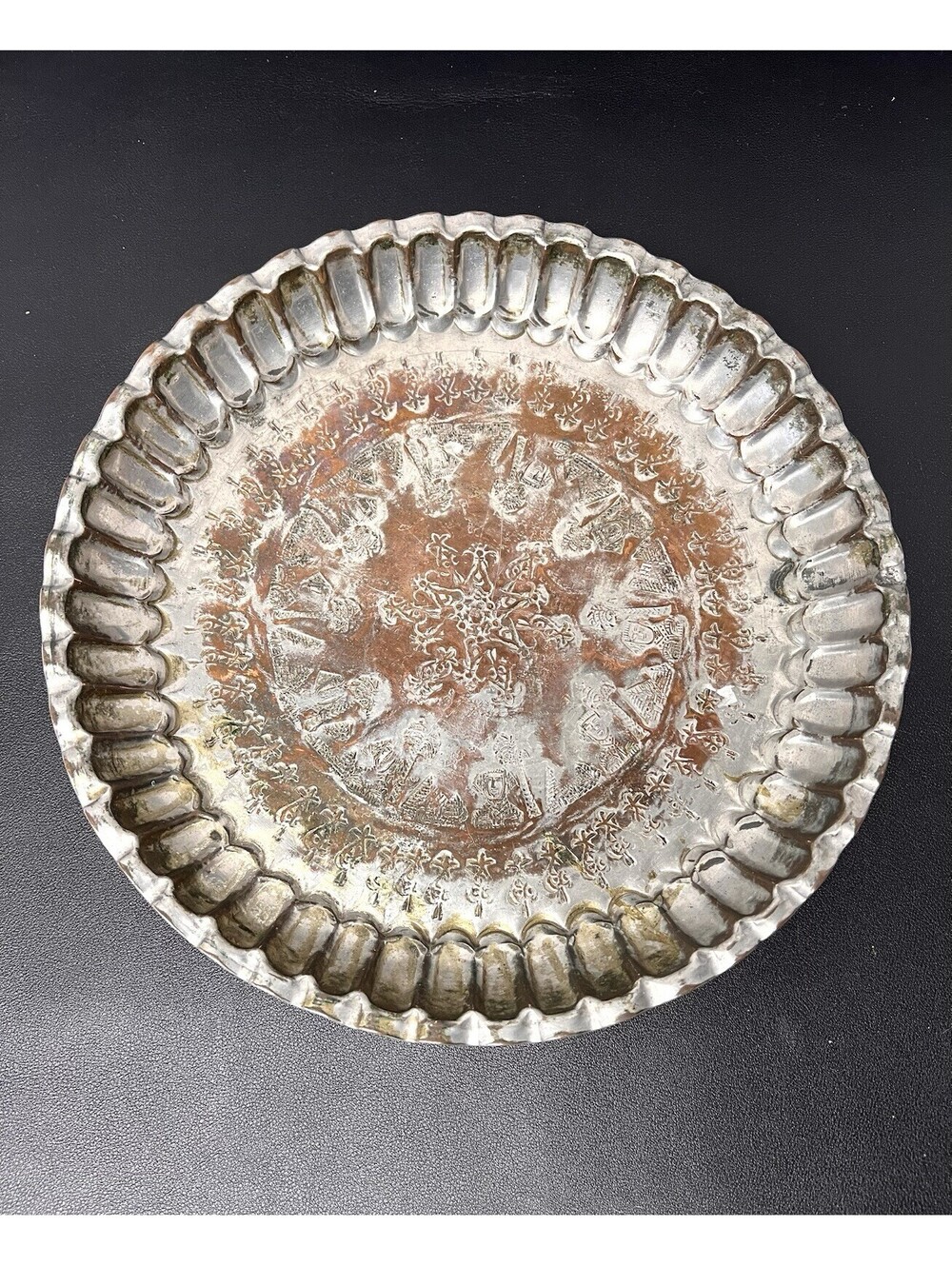 Antique Egyptian Tinned Copper Metal Tray w/ Etched Designs Pyramids Palm Trees
